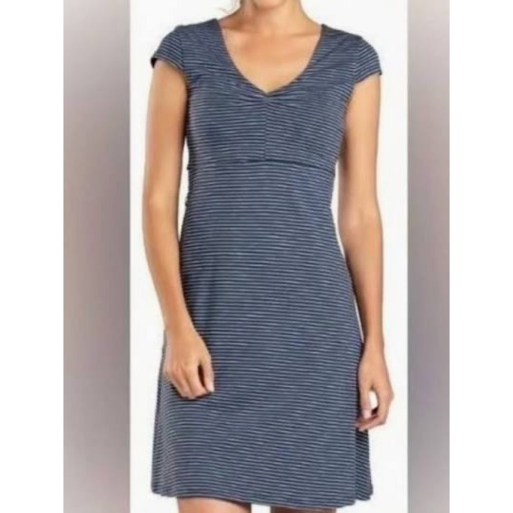 Toad&Co Rosemarie Dress‎ Blue Striped Organic Cotton Tencel V-Neck Large